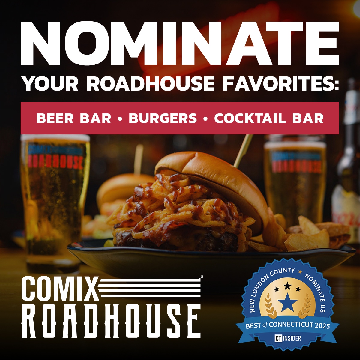 ComixRoadhouse's tweet image. Burgers, Beer & Cocktails—done right! 🍔🍺🍹
If you love what we do, nominate us for @ConnecticutMag’s Best of Connecticut today!
⭐️ shorturl.at/PZZt1