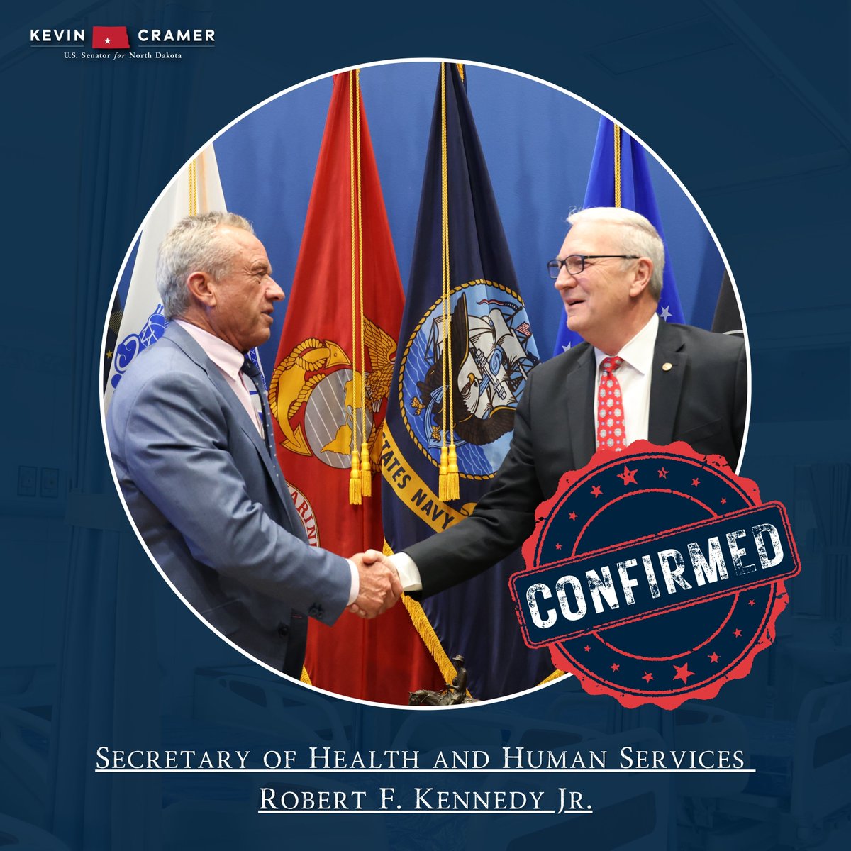 SenKevinCramer's tweet photo. As Secretary of Health and Human Services, @RobertKennedyJr has committed to restoring transparency and accountability to the department. From addressing rundown Indian Health System facilities to making sure all Americans have the best health information available to them, his promise to Make America Healthy Again is a mission I support.