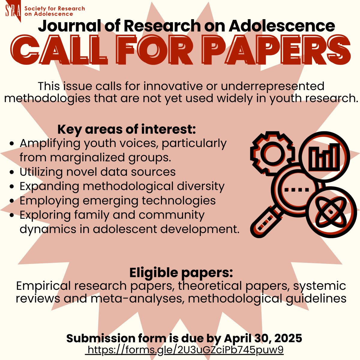 New Special Issue call for papers from the Journal of Research on Adolescence! Click on the link below to submit information about authors and abstracts.

forms.gle/2U3uGZciPb745p…