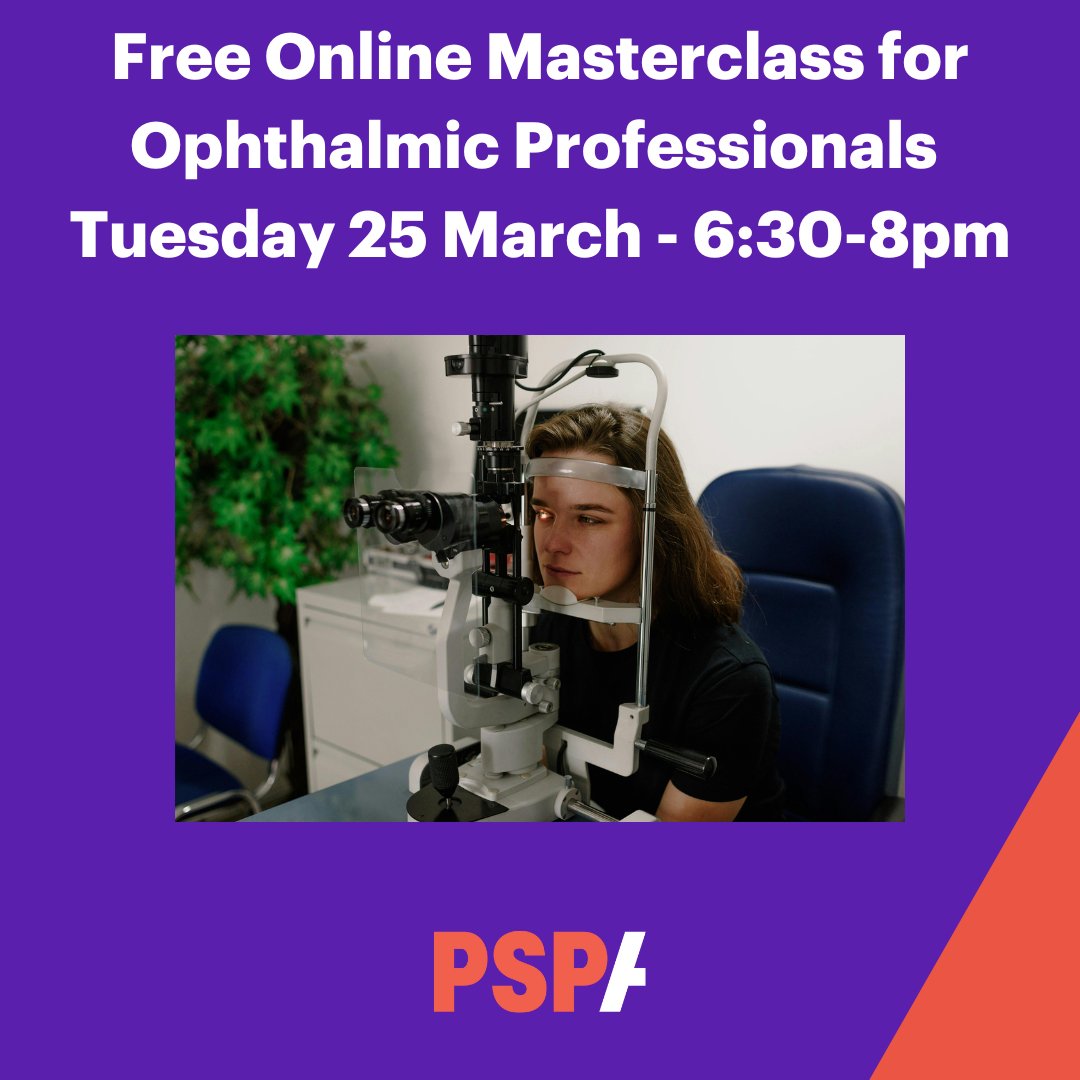 Our first free online masterclass for healthcare professionals is taking place Tuesday 25 March at 6:30-8pm. This session is geared towards ophthalmologists who want to learn more PSP and how it affects the eyes. Register to attend here ow.ly/ORfe50UWPv7 #Online #Webinar