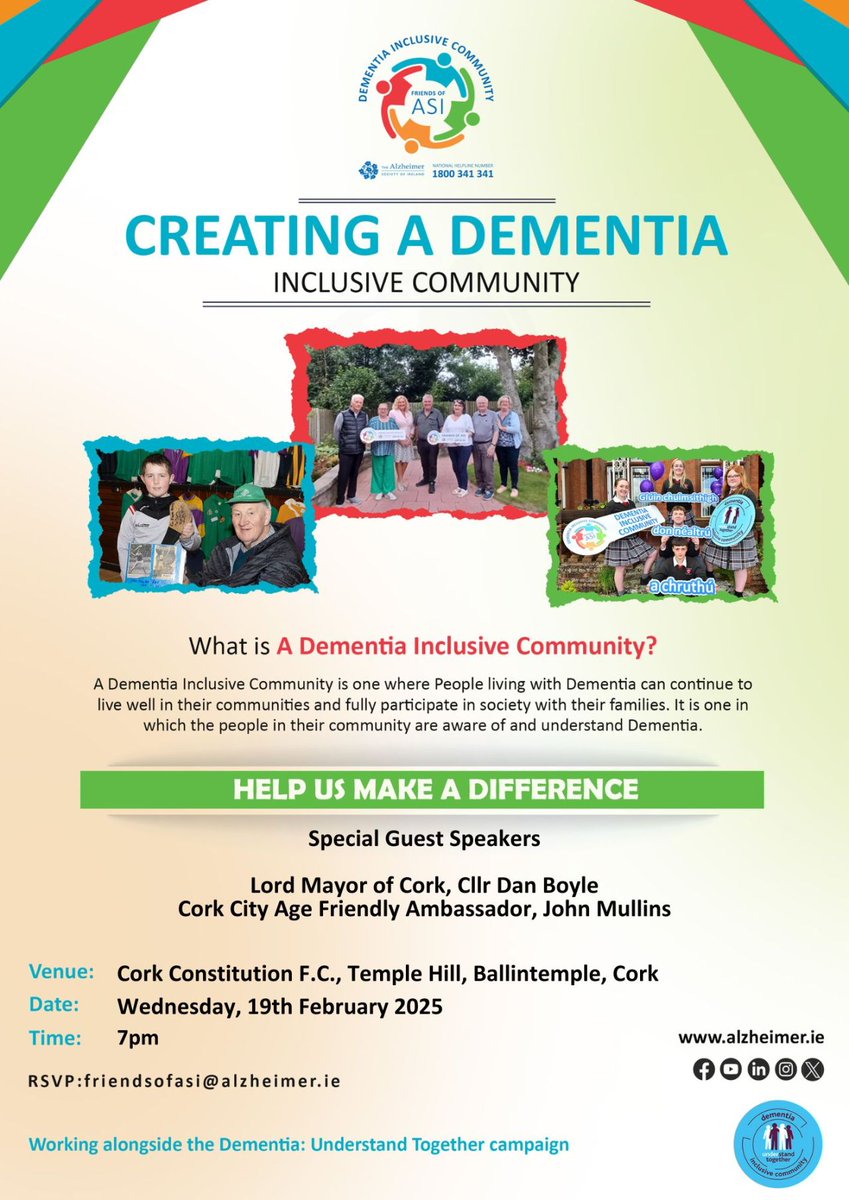 alzheimersocirl's tweet photo. Hey Cork! 👋 Our #FriendsOfASI initiative is creating a Dementia Inclusive Community in Cork City! Join us on 19th February at @corkconrugbyfc to learn how you can help can help! 🙌 Interested? Email friendsofasi@alzheimer.ie to RSVP. #DementiaAwareness https://t.co/dKcZTiDHxF
