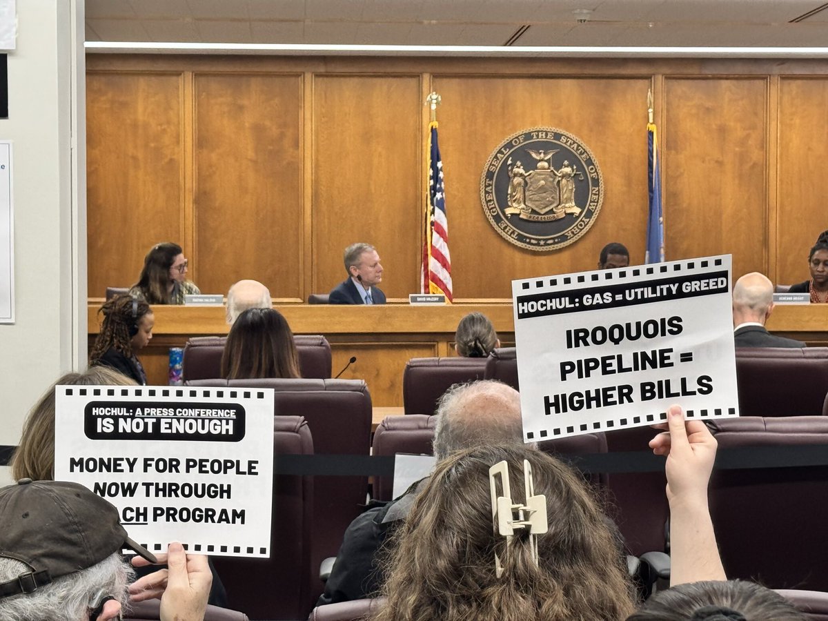 Happening now! Protectors of health, communities &amp; climate interrupt PSC meeting in Albany. Sandra Steingraber tells <a href="/GovKathyHochul/">Governor Kathy Hochul</a> "Compressor stations spew toxic pollutants into the air 24 hours a day." Revoke "Iroquois" expansion permits!