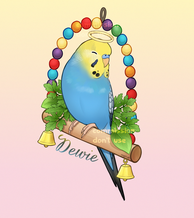 a commission in memory of an adorable budgie named Dewie 🥹❤