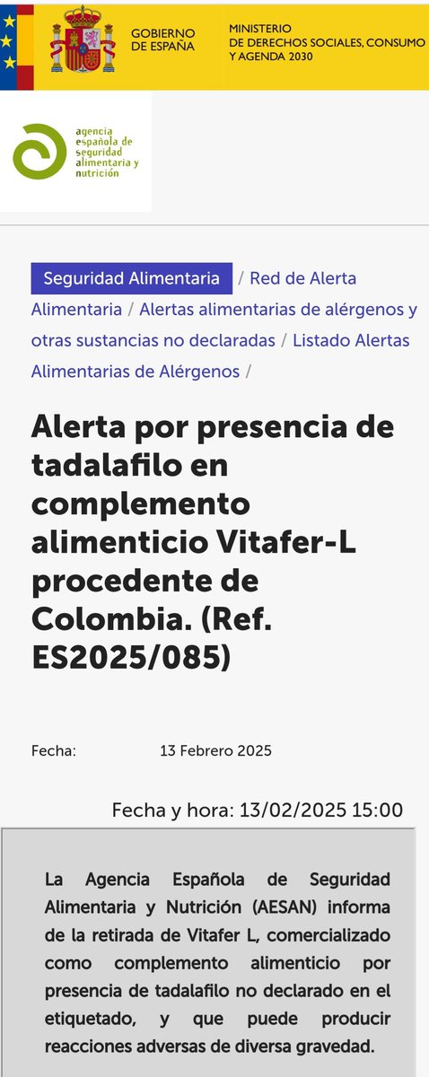 AESAN_gob_es's tweet image. ⚠️ Alerta por presencia de tadalafilo en complemento alimenticio Vitafer-L.
🚫 No consumir 
📌 shorturl.at/09YwP