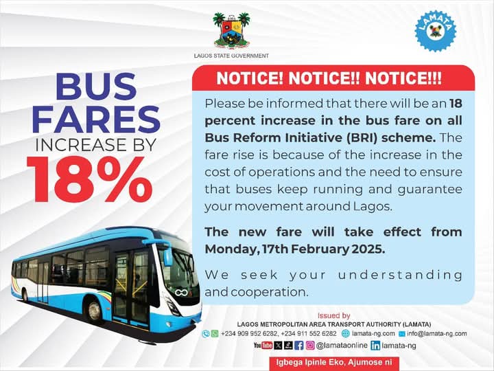 Fishe_ng's tweet image. 💥💥💥 JUST-IN

BRT fares to increase by 18%, effective from Monday, 17th February 2025.

@Lamataonline 

#NationalGrid #Nasboi #ITISDONE #CompanyB #UNIZIK #Asher #HomeTurfBet9ja #PTA2025 #2baba