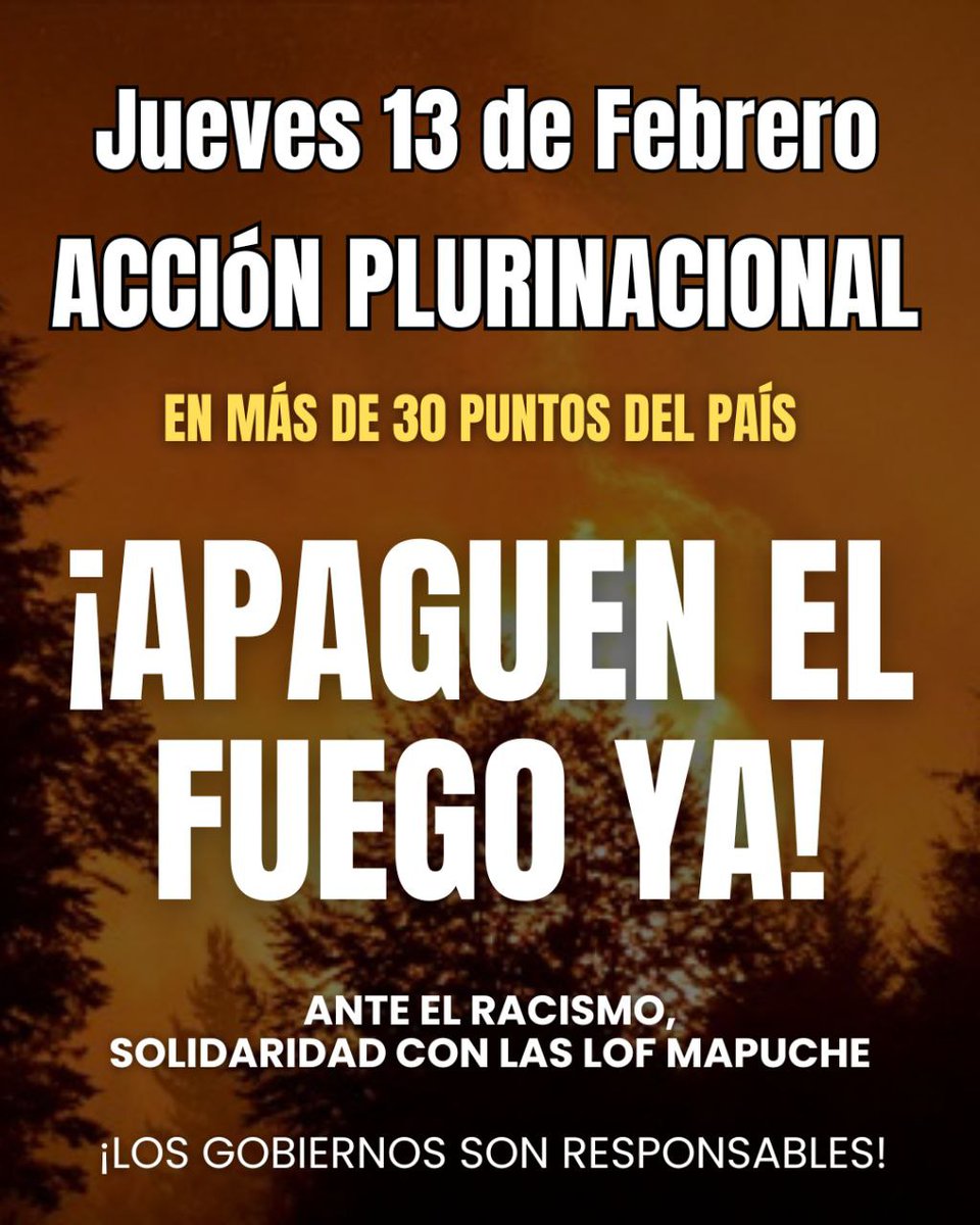 ⚠️ Acción Urgente ⚠️ 

Desde diferentes territorios y espacios nos convocamos el día jueves 13/2 a una acción urgente para exigir
📣 APAGUEN EL FUEGO YA!!!
Todos los puntos acá t.me/BFSCanalDifusi…