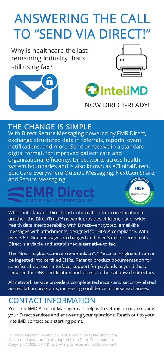 EMRDirect's tweet photo. Congrats to @InteliMd on your recent ONC Health IT certification! We're looking forward to enabling your customers' access to Information Sharing services that help provide better patient care. https://t.co/6ep6NE4enB