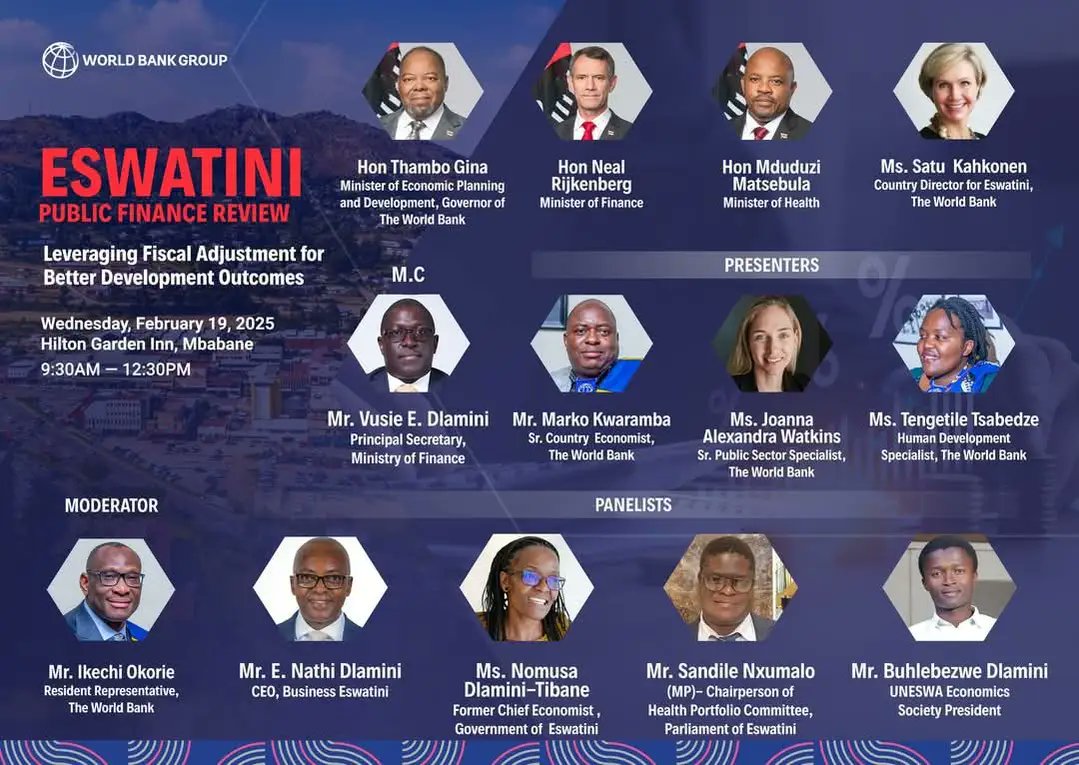 MEPD_Eswatini's tweet image. The Honorable Minister of #MEPD Dr Thambo Gina, who is also Governor of the World Bank, will officially launch the #Eswatini Public Finance Review on the 19th
February 2025, starting at 9.30am,

live stream on YouTube. youtube.com/live/0IMn_IhYS…