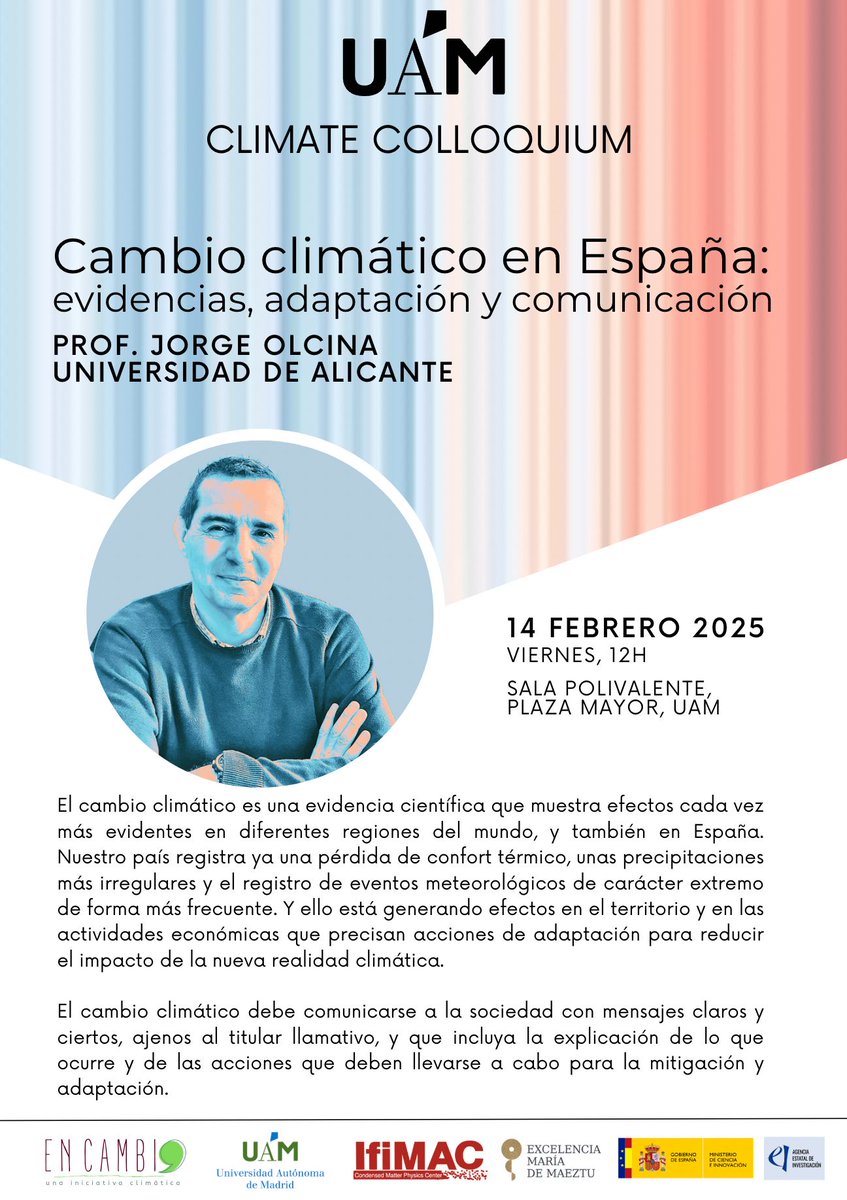 Ferry Prins (@ferryprins) on Twitter photo Happening tomorrow! 1st edition of the <a href="/uam/">maurizio</a>.es Climate Colloquium with Jorge Olcina from the university of Alicante as the speaker…
Mañana, la 1a edición del <a href="/UAM_Madrid/">UAM Autónoma Madrid</a> Climate Colloquium con Jorge Olcina de la Universidad de Alicante…
Nos vemos mañana! 🌎🌱
<a href="/ifimacuam/">IFIMAC - Condensed Matter Physics Center</a> Happening tomorrow! 1st edition of the <a href="/uam/">maurizio</a>.es Climate Colloquium with Jorge Olcina from the university of Alicante as the speaker…
Mañana, la 1a edición del <a href="/UAM_Madrid/">UAM Autónoma Madrid</a> Climate Colloquium con Jorge Olcina de la Universidad de Alicante…
Nos vemos mañana! 🌎🌱
<a href="/ifimacuam/">IFIMAC - Condensed Matter Physics Center</a>