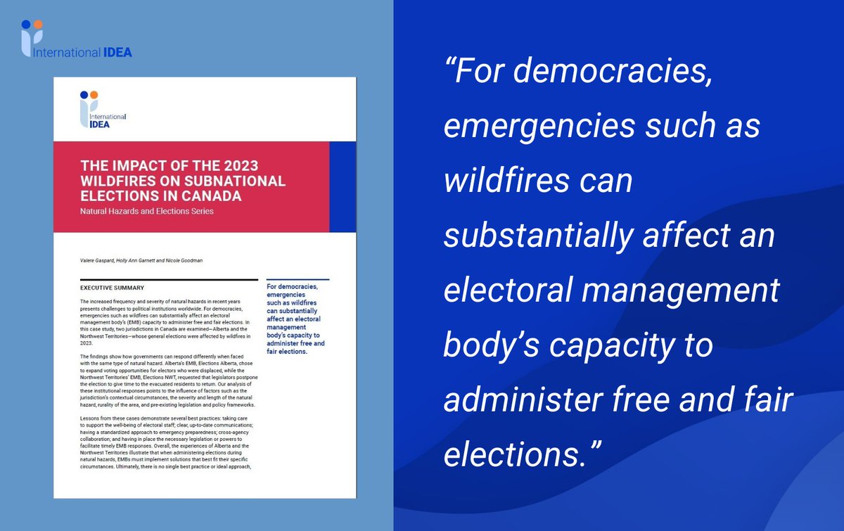 IDEA Publications (@int_idea_pubs) on Twitter photo 🌍 How can democracies safeguard #elections during natural hazards? <a href="/Int_IDEA/">International IDEA</a>'s case study examines how Alberta & the Northern Territories managed wildfires before the 2023 elections, highlighting key lessons on preparedness & #electoralintegrity. Read ➡️ doi.org/10.31752/idea.… 🌍 How can democracies safeguard #elections during natural hazards? <a href="/Int_IDEA/">International IDEA</a>'s case study examines how Alberta & the Northern Territories managed wildfires before the 2023 elections, highlighting key lessons on preparedness & #electoralintegrity. Read ➡️ doi.org/10.31752/idea.…
