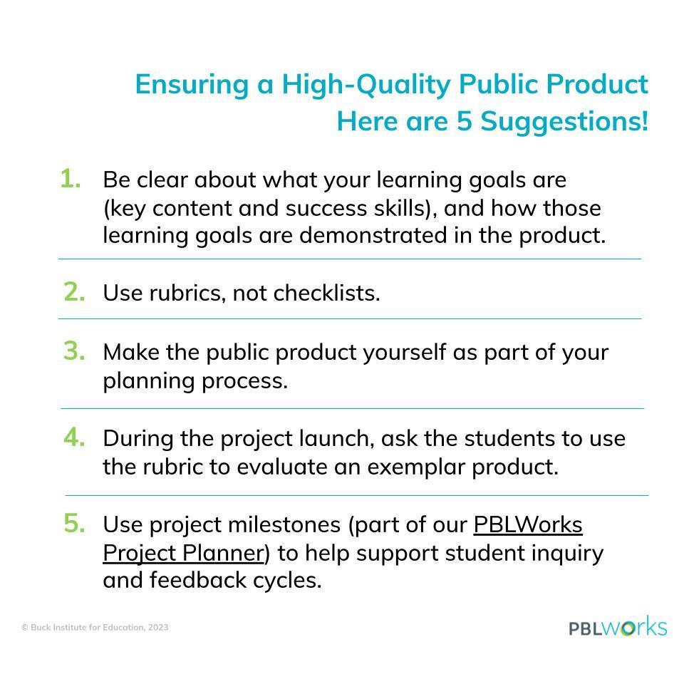 PBLWorks's tweet photo. How do you make sure the project's public product is high-quality? 

Here are five suggestions from the article, 'Beginning With the End in Mind: Making Project Products Clear to Students'.

#PBL #PBLWorks #HQPBL #PublicProduct #StudentSuccess #Criteria #Rubric #feedback https://t.co/TFVshANiUv