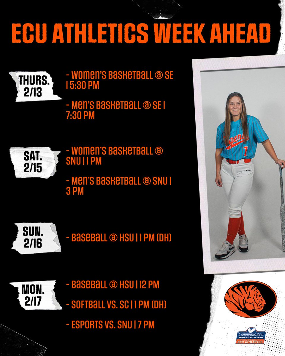 Updated schedule for ECU Athletics this week!

Basketball battles Southeastern tonight, and due to weather changes, baseball heads to HSU for their GAC opener on Sunday/Monday while softball hosts Southwestern College in their home opener on Monday! 🐅

#GoTigers