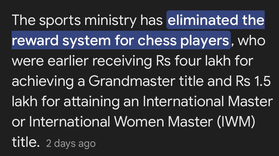 srinathchess's tweet photo. This is a sad development. Awards and funds are the lifeline of many promising players under 20. In practice I can imagine this move negatively impacting many upcoming talents. I have been informed that some of the existing awards earned by virtue of this achievement have also not been disbursed yet. 😢