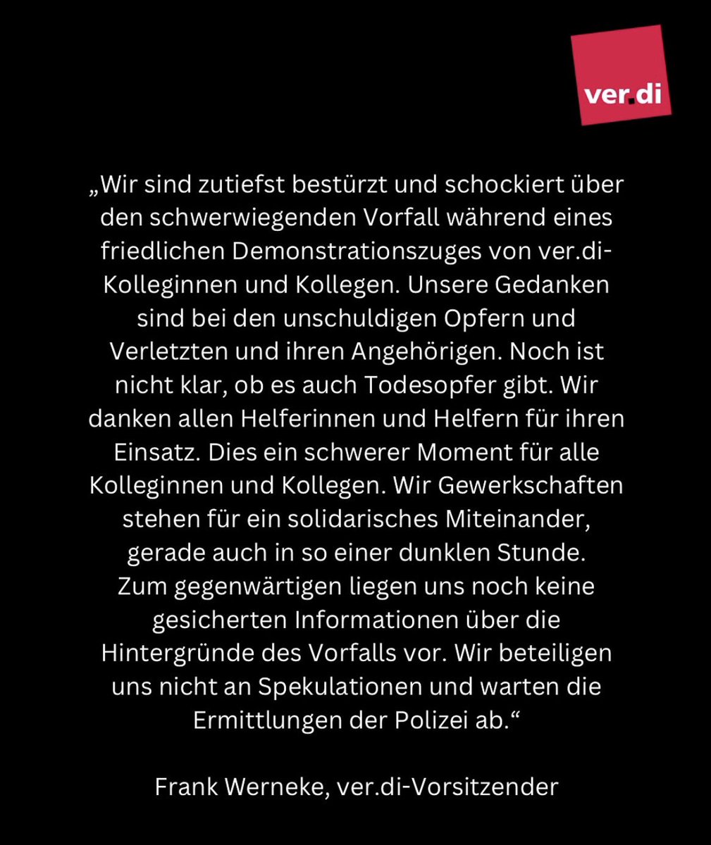 Janine_Wissler's tweet image. Meine Gedanken sind bei den Verletzten und ihren Angehörigen, bei allen, die an der Demonstration von #Verdi in #München teilnahmen und diese furchtbare Tat miterleben mussten, und bei den Einsatzkräften. Ich hoffe, dass alle Opfer vollständig genesen.