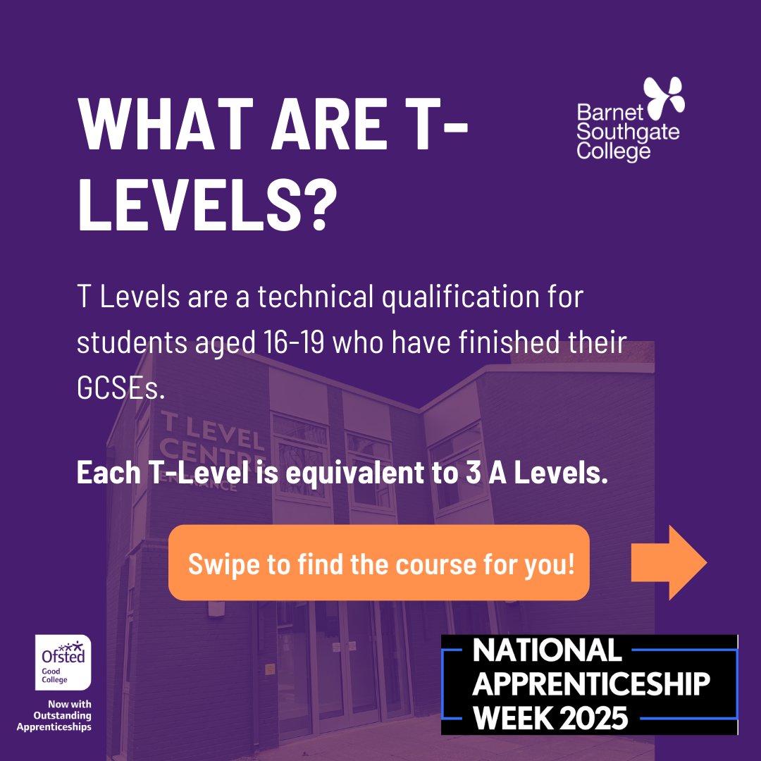 barnetsouthgate's tweet image. Did you know here at BSC we offer 9 unique T-Level programmes dedicated for our students success? It&apos;s #TLevelThursday this #NAW2025. Check out all of our programmes and what we have to offer! Visit our website to learn more about YOUR T LEVEL: hubs.la/Q036CmZF0