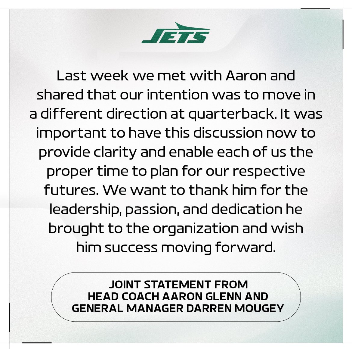 AdamSchefter's tweet photo. Statements from Jets ownership, head coach and general manager: https://t.co/i6kGBizk90