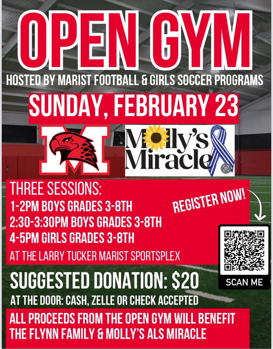 3rd-8th graders. 

Please join us on Sunday, February 23rd at the Marist SportsPlex as we host an open gym fundraiser in support of Molly’s Miracle. All proceeds will go directly to Molly’s Miracle in support of her battle against ALS. 

Sign Up Here: shorturl.at/qQ21F