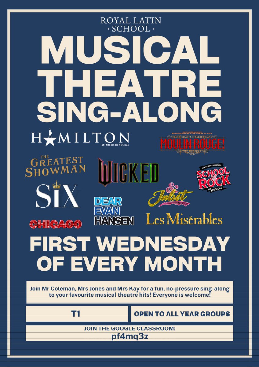 🎭🎶 Musical Theatre Sing-Along!
After yesterday’s impromptu session, we’re making it a regular event! Join Mr Coleman, Mrs Jones &amp; Mrs Kay on the 1st Wednesday of each month in T1 at lunch for a fun  sing-along to your favourite musical hits!
<a href="/RLSEnrichment/">RLSEnrichment</a> <a href="/TheRoyalLatin/">RLS</a>