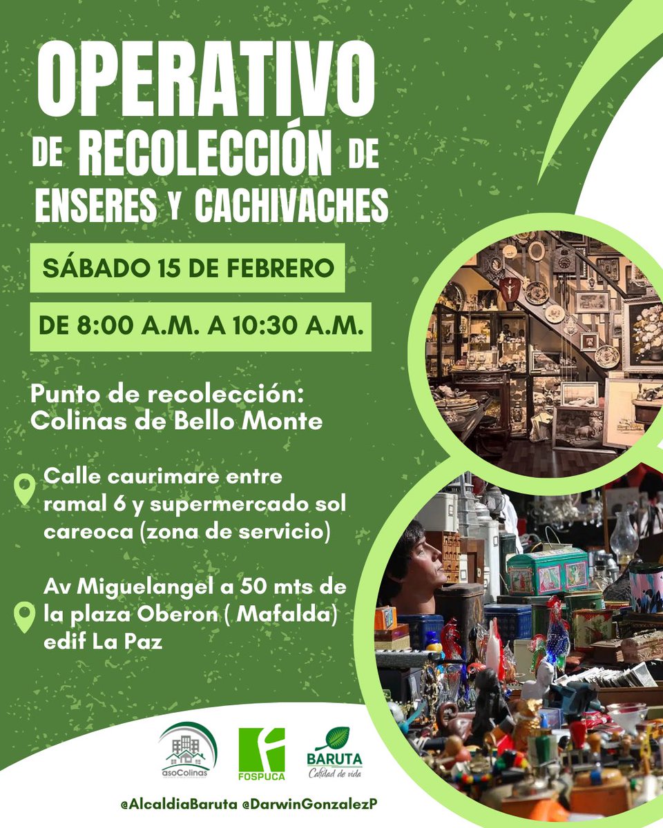 ¡Vecinos!🍃

Este sábado #15feb se llevará a cabo un Operativo de Recolección de Enseres y Cachivaches. 🚚

📍 Urb. #ColinasDeBelloMonte
⏰ 8:00 am - 10:30 am

¡En la imagen están colocados los puntos de recolección! ¡Los esperamos! ⬇️