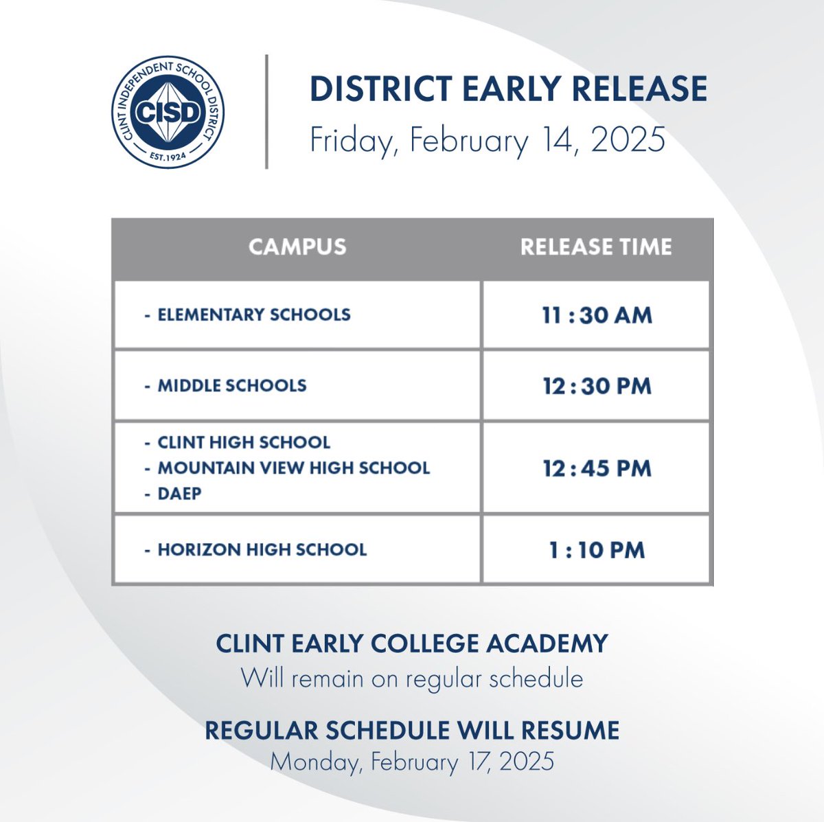 District early release, Friday, February 14, 2025.