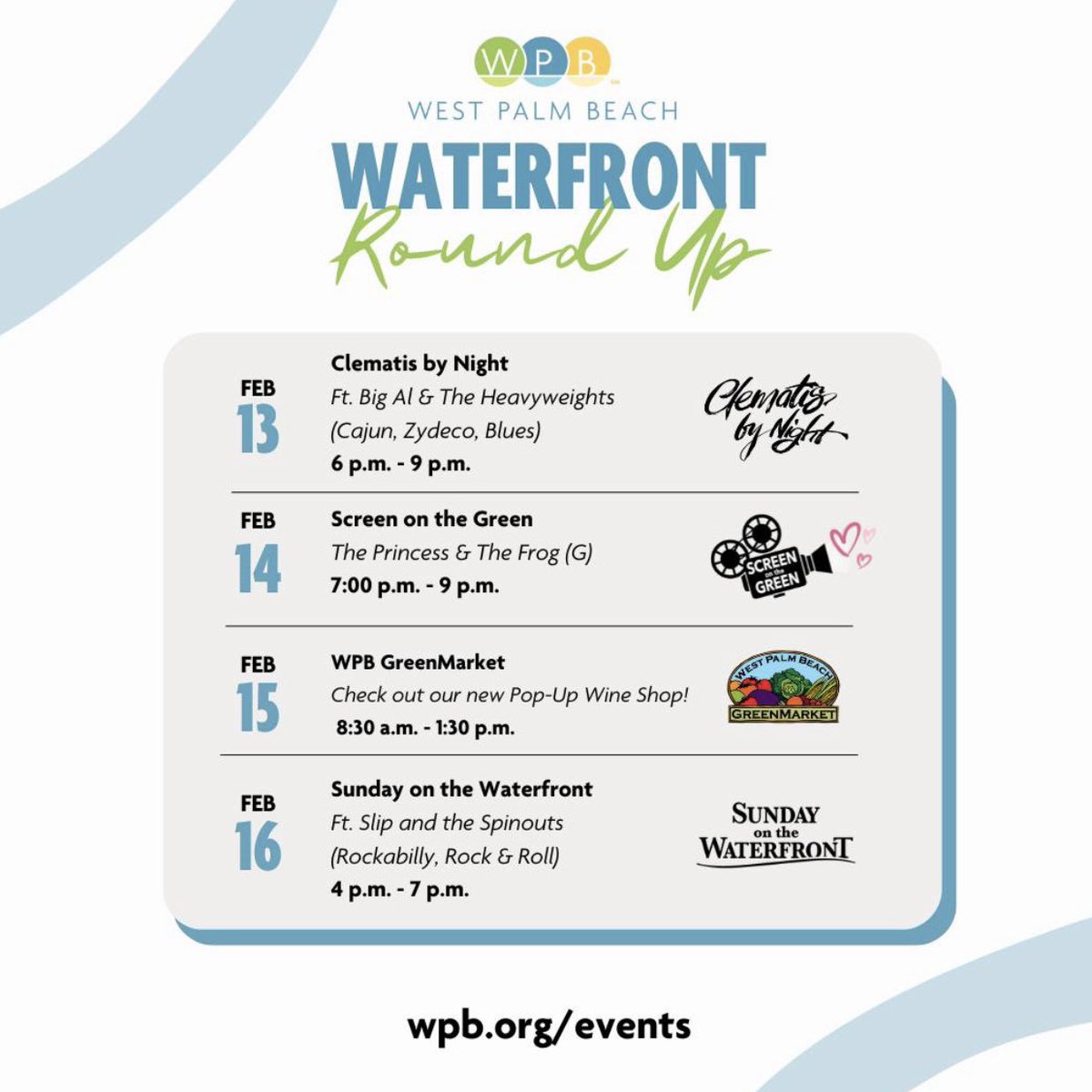 WPBVisitorInfo's tweet photo. @thecityofwpb has a BIG weekend ahead here at the West Palm Beach Waterfront! From live music 🎶 to outdoor movies 📽, to local shopping 🛒, we've got something for everyone! Don't miss out!
#WeekendVibes #ValentinesWeekend #EventsWPB #WestPalmBeach #visitpalmbeach https://t.co/3f1qQrGE6R