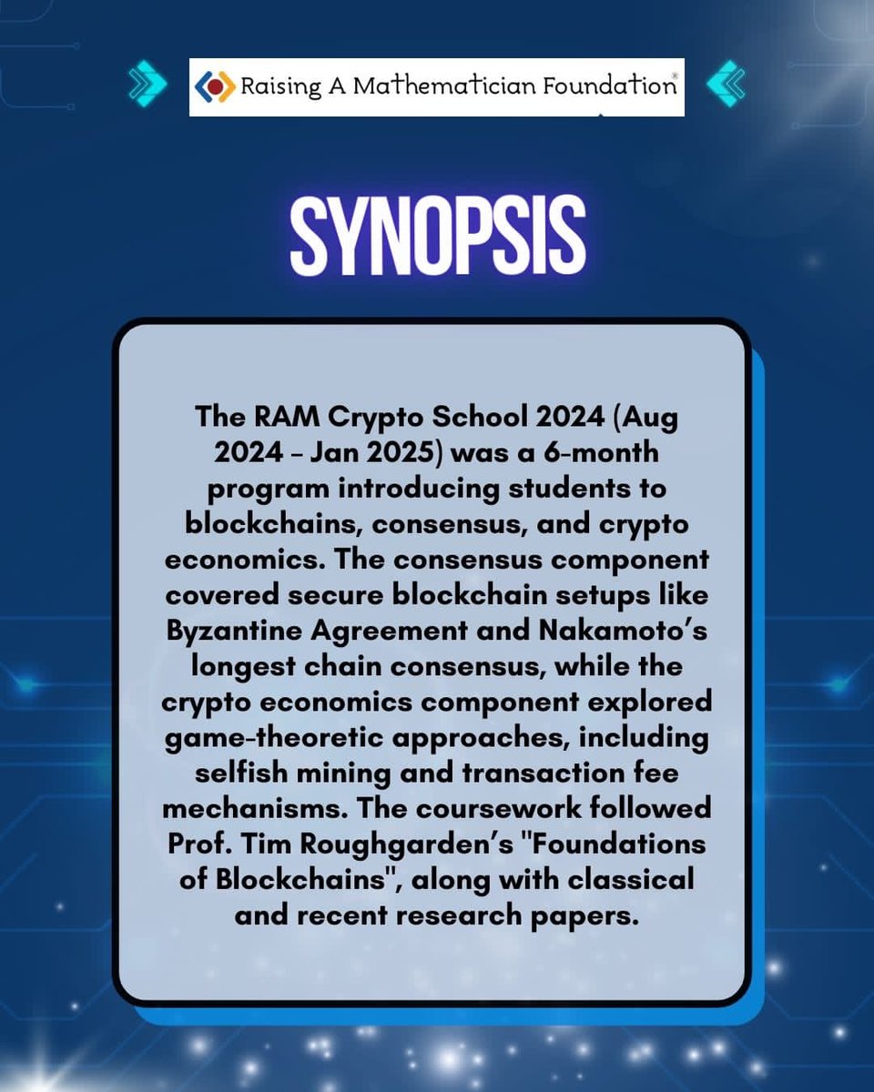 raisingamath's tweet image. Excited to share the success of #RAMCryptoSchool 2024, a 6-month program led by alumnus, Aadityan Ganesh, a PhD student at #Princeton, guided senior #RAMF students through the world of #blockchain, #consensus, &amp;amp; #Cryptocurrency. Check out what they learned! 

#GameTheory #course