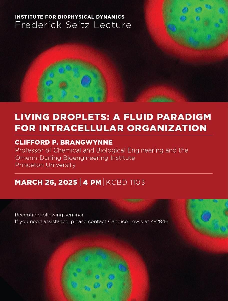 Institute for Biophysical Dynamics (@ibd_uchicago) on Twitter photo Prof. Cliff Brangwynne is the 2025 Seitz Lecturer. Please join us on March 26th. <a href="/brangwynnelab/">brangwynnelab</a> softlivingmatter.princeton.edu <a href="/UChicagoPME/">UChicago Pritzker School of Molecular Engineering</a> <a href="/UChicagoPSD/">UChiPhysicalSciences</a> <a href="/UChicagoBSD/">UChicago Biological Sciences</a> <a href="/UCHICAGOMGCB/">University of Chicago (MGCB)</a> <a href="/UChicagoBMB/">UChicagoBMB</a> Prof. Cliff Brangwynne is the 2025 Seitz Lecturer. Please join us on March 26th. <a href="/brangwynnelab/">brangwynnelab</a> softlivingmatter.princeton.edu <a href="/UChicagoPME/">UChicago Pritzker School of Molecular Engineering</a> <a href="/UChicagoPSD/">UChiPhysicalSciences</a> <a href="/UChicagoBSD/">UChicago Biological Sciences</a> <a href="/UCHICAGOMGCB/">University of Chicago (MGCB)</a> <a href="/UChicagoBMB/">UChicagoBMB</a>