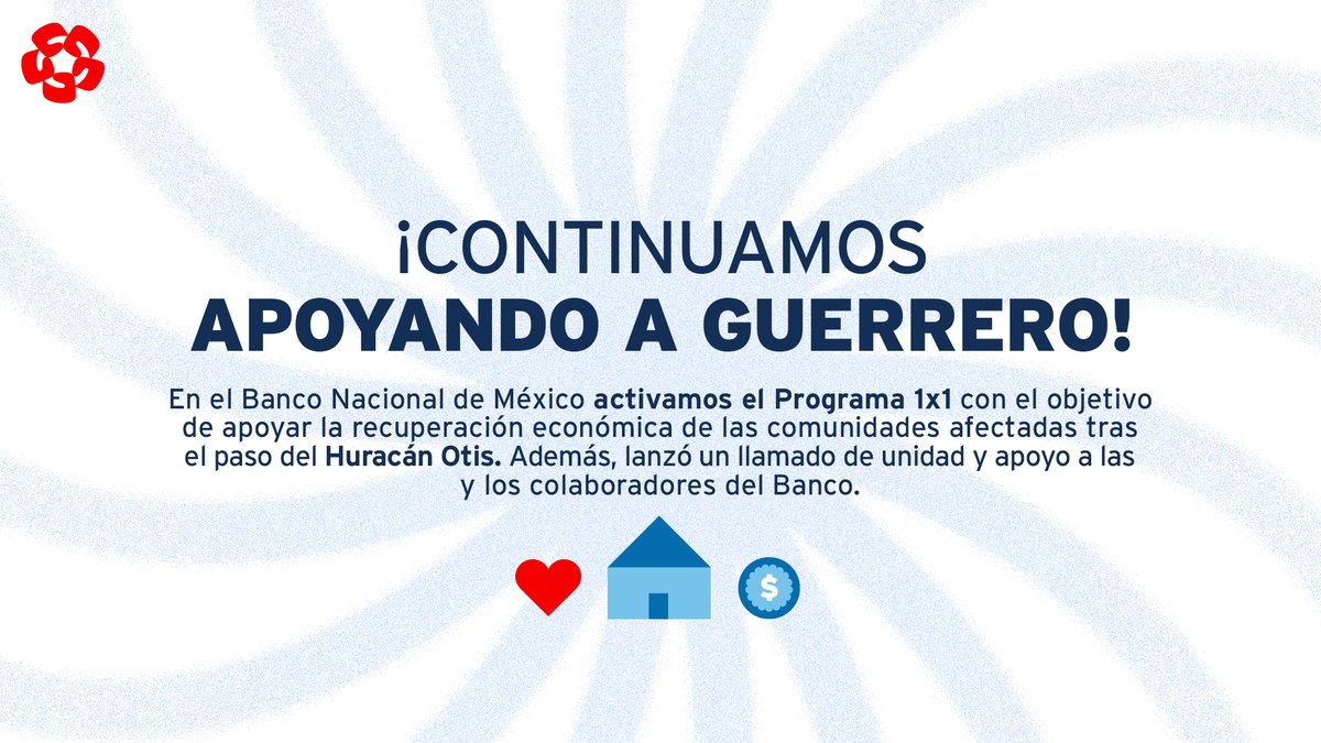 ¡Nuestro compromiso con Guerrero está más fuerte que nunca! ✨ A través del Programa 
1x1 recaudamos recursos destinados a apoyar la recuperación económica de las comunidades afectadas. Conoce más aquí: spr.ly/6011I9Iix
#Banamex #FomentoSocialBanamex