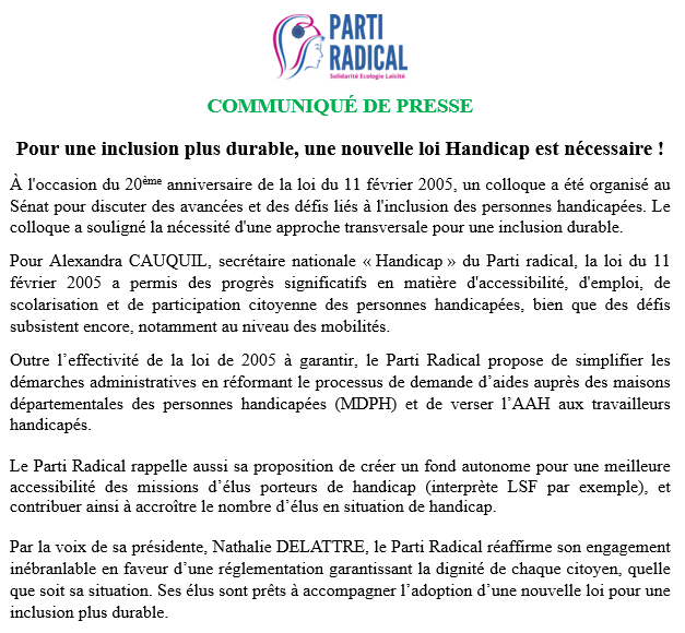 PartiRadical's tweet photo. 📣♿️#20ansLoiHandicap : le @PartiRadical présidé par @n_delattre réaffirme son engagement inébranlable pour la #dignité de chaque citoyen. Pour une #inclusion plus durable, une nouvelle loi #handicap est nécessaire.
Retrouvez le CP sur https://t.co/8azG1GazKH et ⤵️ https://t.co/XMrlYt1Kz6