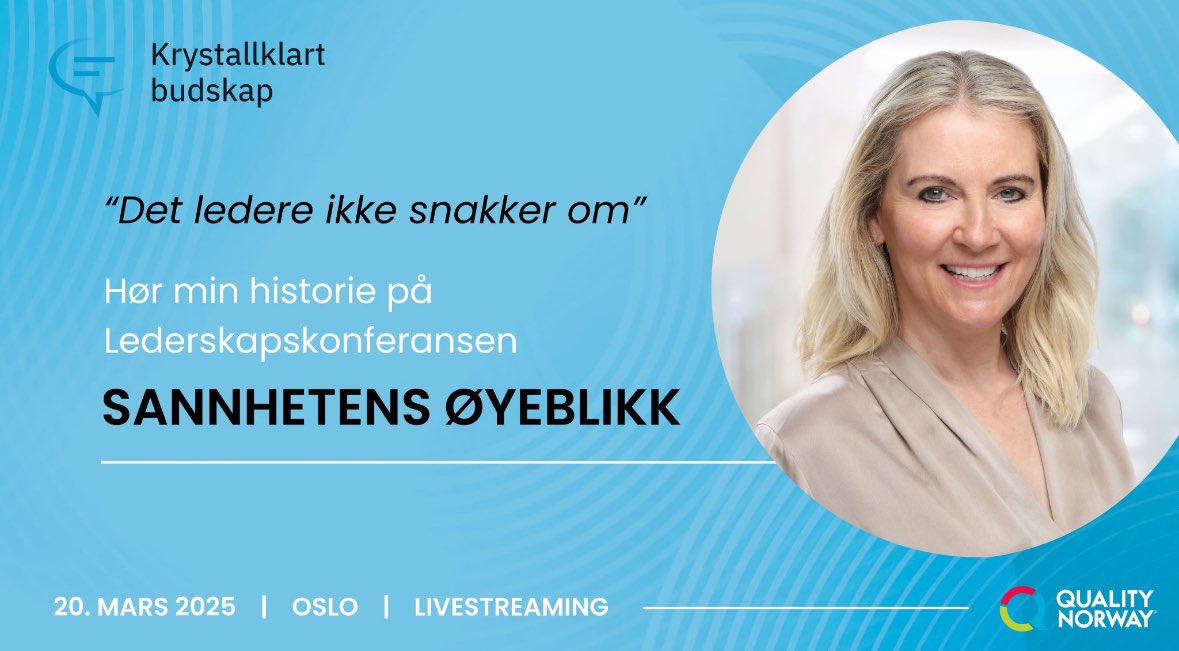 Hør historiene på innsiden av lederlivet!

På Lederskapskonferansen - SANNHETENS ØYEBLIKK - lytter vi til til Anita Sundby som forteller sin historie om det ingen ledere tør snakke om.

📍20. mars 2025, Clarion Hotel Oslo

👉 Les mer og meld deg på her: 

qualitynorway.no/lederskapskonf…