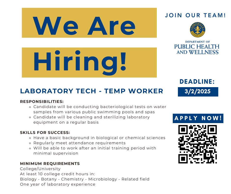 Join our team!
We are looking for temp laboratory technician. To apply visit: shorturl.at/Z6bSu
Closing date: 3/2/2025
