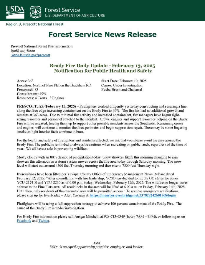 Brady Fire Update - Feb. 13, 2025, Notification for Public Health and Safety: fs.usda.gov/detail/prescot…