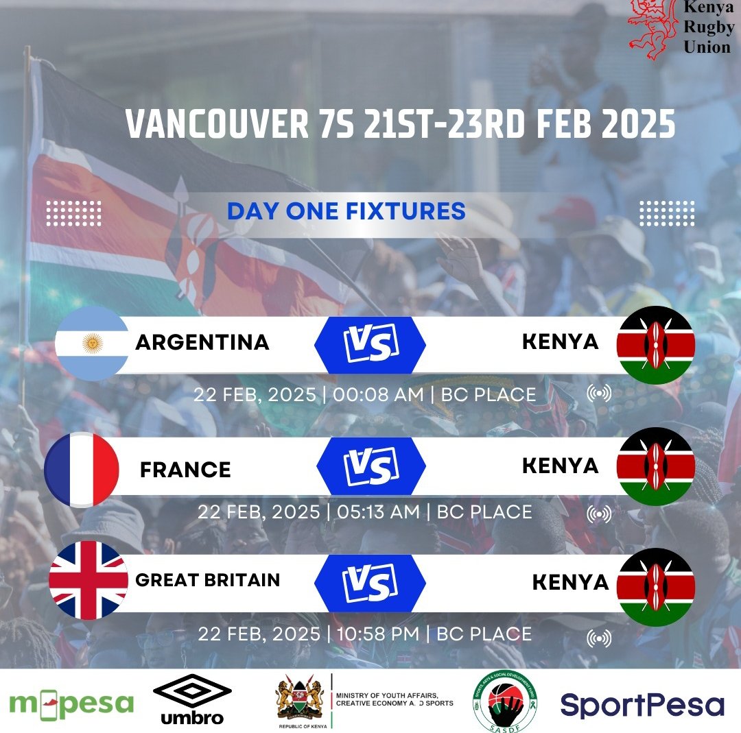 KenyaSevens's tweet image. Here are our #Vancouver7s kick off times. All three matches will be on Saturday 22nd February. 

Start getting those alarms ready! 💪 

#SportpesaNaShujaa #MpesaPowersKenya7s #SafaricomRugby #Shujaa