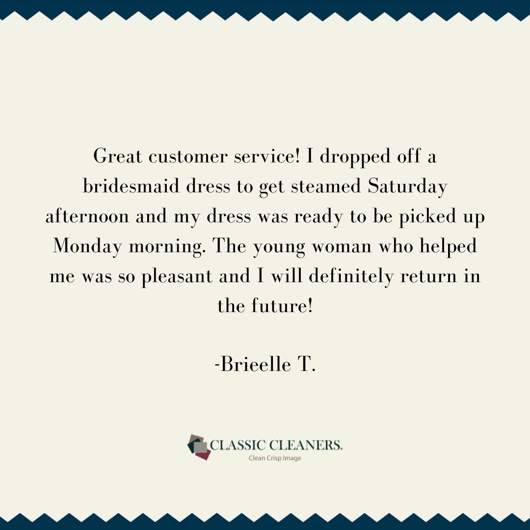 CleanCrispImage's tweet image. Thank you, Brieelle, for the kind words! 💕 We're so glad to hear you had a great experience with our team while dropping off your bridesmaid dress. We love helping make special moments even more memorable! #CustomerService #ClassicCleaners #BridesmaidPerfection