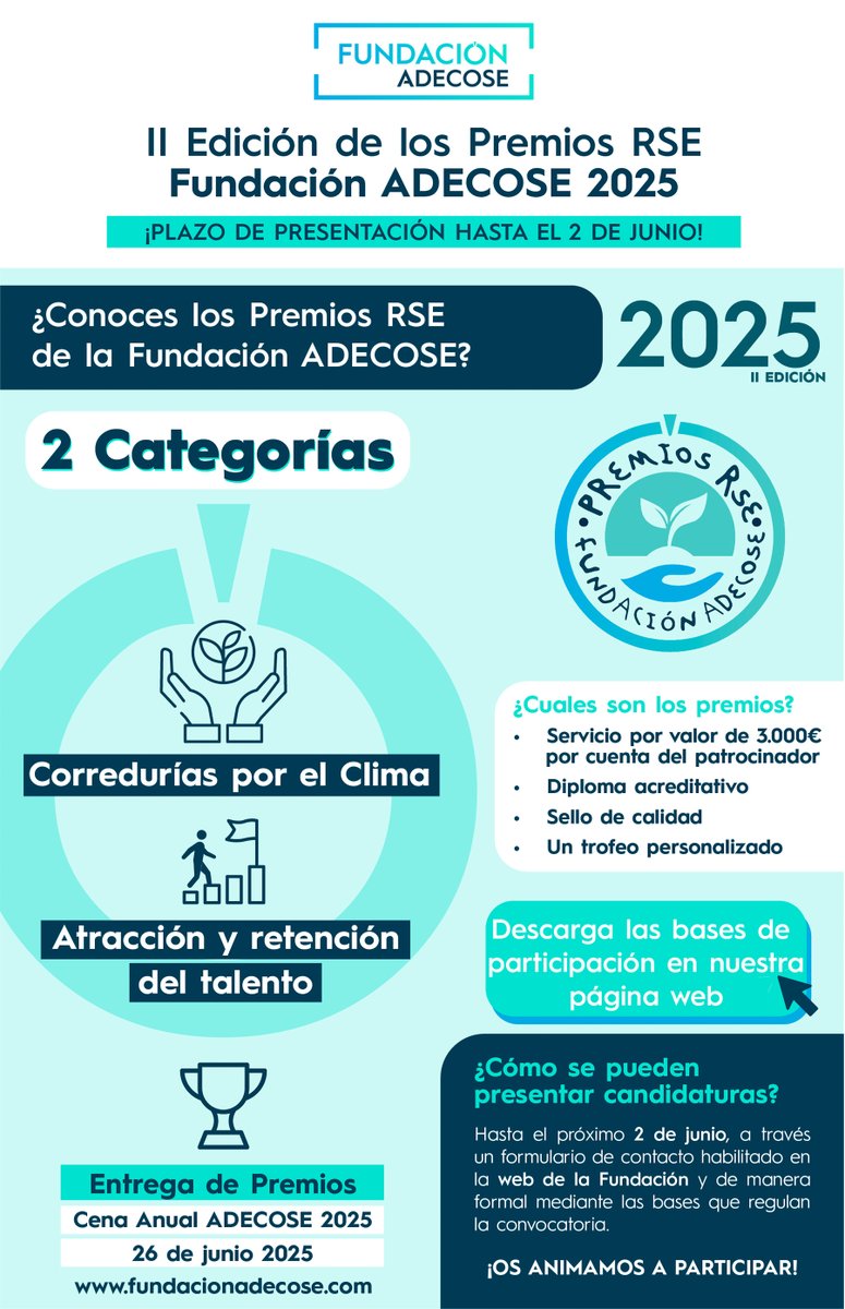 ¡Ya está abierta la convocatoria para participar en la II Edición de los Premios RSE Fundación ADECOSE 2025! 🎖️  Hasta el 02/06, las corredurías asociadas a ADECOSE pueden presentar sus candidaturas. Más información en
fundacionadecose.com/fundacion-adec…