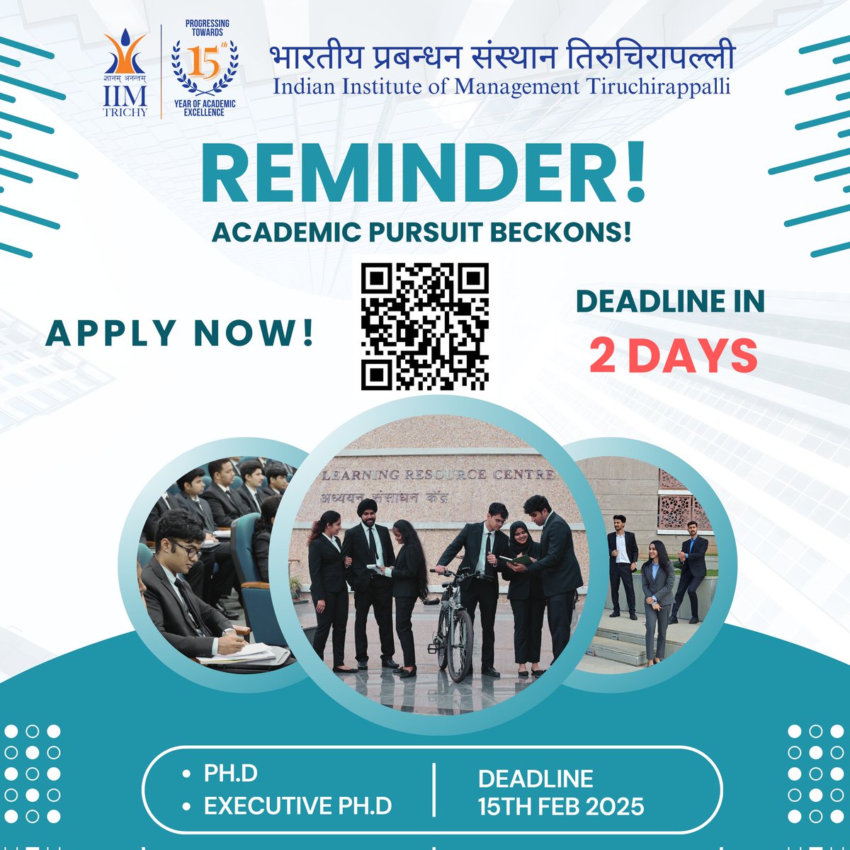 IIM_Trichy's tweet image. 🚨 Last 2 Days to Apply! ⏳

Advance your career with a Ph.D. or Executive Ph.D. at IIM Trichy! Get world-class research training, expert faculty, and global exposure.

📌 Deadline:15th Feb 2025
🔗 Apply Now: iimtrichy.ac.in/en/dpm

#IIMTrichy #PhDInManagement  #DoctoralProgram