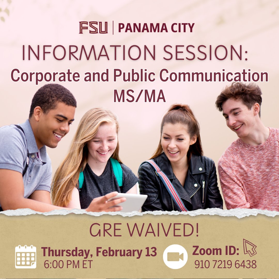 Florida State University Graduate School (@fsugradschool) on Twitter photo Elevate your communication skills—online or on-campus! Don’t miss this opportunity to learn about the Corporate and Public Communication MS/MA program. Master strategic messaging, media relations, and more to become a leader in the field. Contact Cristina Doan at cdoan@fsu.edu Elevate your communication skills—online or on-campus! Don’t miss this opportunity to learn about the Corporate and Public Communication MS/MA program. Master strategic messaging, media relations, and more to become a leader in the field. Contact Cristina Doan at cdoan@fsu.edu