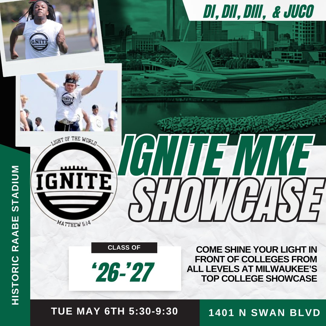 IgniteMKE Showcase is back for year 5!  Come shine at Milwaukee's FREE home showcase on May 6th! 
  -Compete in front of D1,D2,D3 and Juco coaches
  -Get experience for summer camp circuit 
Let your light shine and sign up at register.ryzer.com/camp.cfm?id=29…