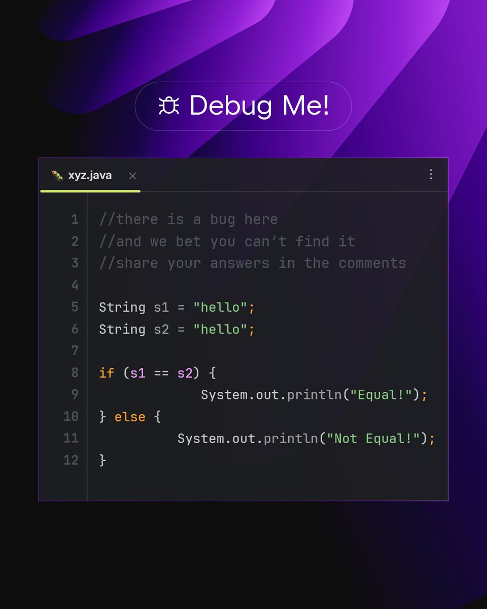 jetbrains's tweet image. 🤔 Something’s not quite right in this code! Can you figure out what it is?
Drop your answer in the comments!
💡 Need a hint? Fire up IntelliJ IDEA and see if it can help you debug! 🚀
#DebugMe #CodeChallenge #JetBrains #Programming #BugHunting
