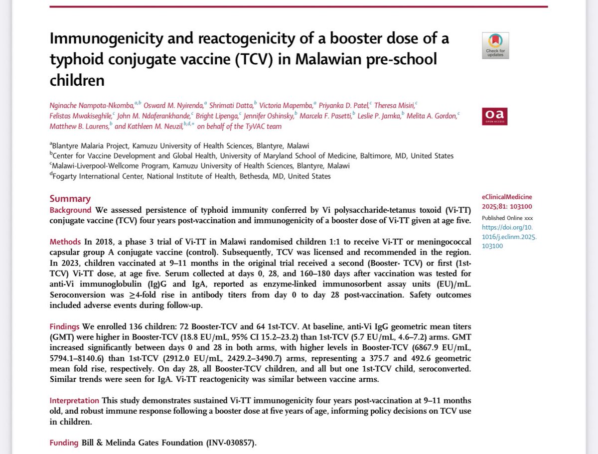 NginacheVN's tweet image. Exciting new data on #TyphoidConjugateVaccines!
✅ Sustained immunity 4 years post-vaccination (given at 9-11 months)
✅ Strong booster response at 5 years old
These data are key for policy decisions.
Read more: sciencedirect.com/science/articl…