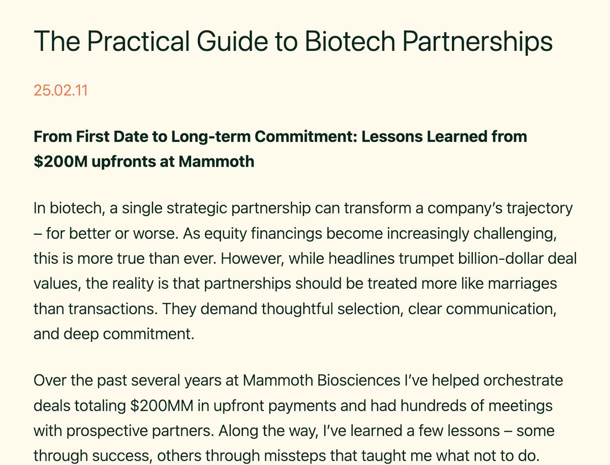 CRISPR_LuCas's tweet image. Partnerships have been crucial to Mammoth's success, delivering $200M+ in upfront payments. I wrote up the guide I wish someone had given me when I started out. Hope this helps others close the right deal!
🧵 and link: