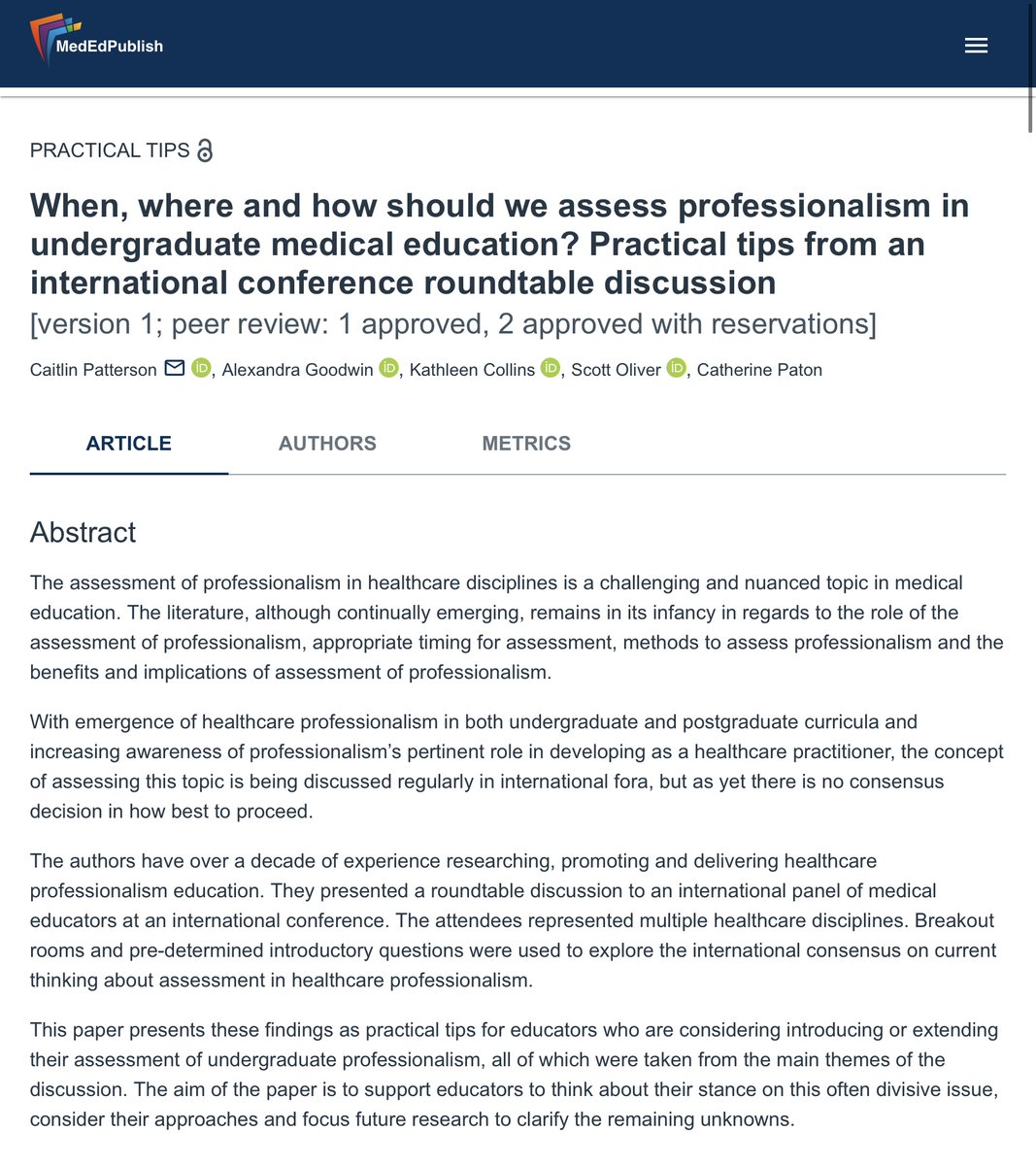 The latest #MedEdPublish article highlights key strategies for assessing professionalism in undergraduate Health Professions education.

🔗ow.ly/U2SO50UZxx8

#MedEdPublish #HeathProfessionsEducation