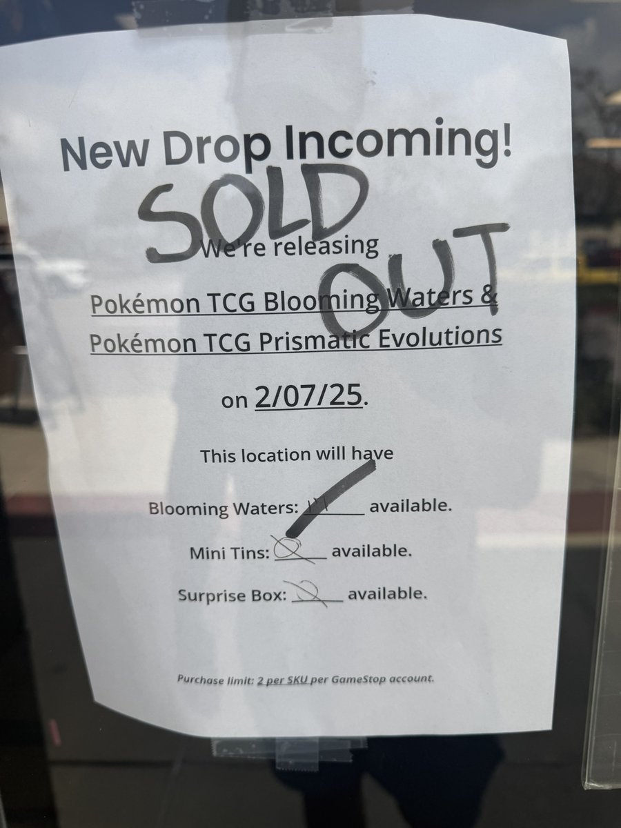 RedsoxguyEth's tweet photo. Buddy of mine checked our local GameStop to ask about tomorrow’s restock @ydREMY 

Not only was the old sign still up (lazy) but when asking the worker what the store is getting tomorrow he said everything was already sold out and laughed… I thought we were done doing pre orders for hyped pokemon drops? @gamestop