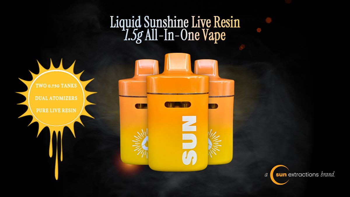 SUNConcentrates's tweet photo. ☀️ Double the Tanks. Double the Fire. ☀️

The Liquid Sunshine 1.5g All-In-One is here—featuring dual 0.75g tanks &amp; two atomizers for peak performance. Hit one or both for max flavor, smooth pulls &amp; big clouds.

More fire. More sunshine. All gas. 🌞🔥

#FeelTheSun https://t.co/ARiWuaD6yi