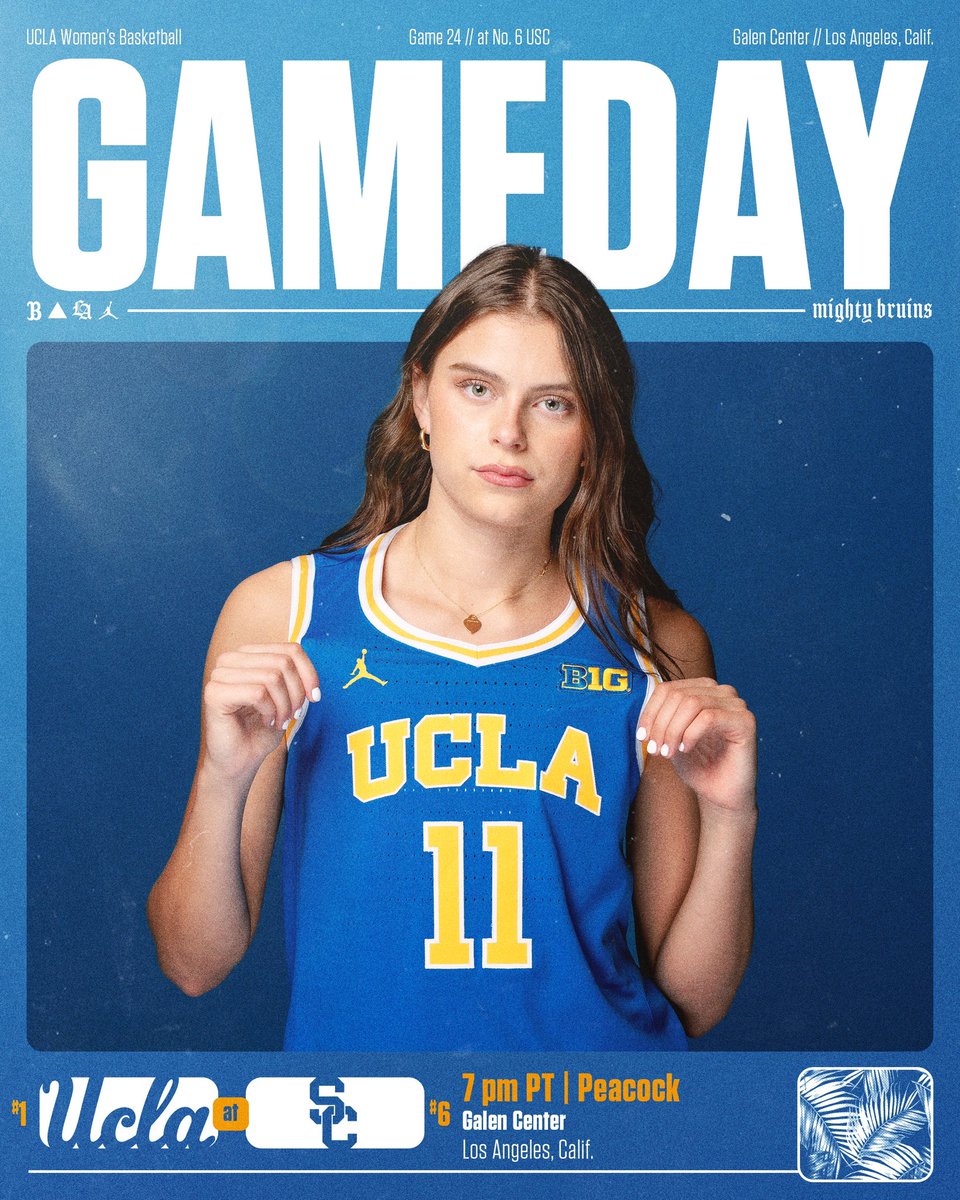UCLAWBB's tweet image. Round 1️⃣ tonight.

🆚: No. 6 USC
🏟️: Galen Center
🕖: 7 pm PT
📺: Peacock
📻: bit.ly/UCLA_Radio
📊: uclalivestats.com

#GoBruins