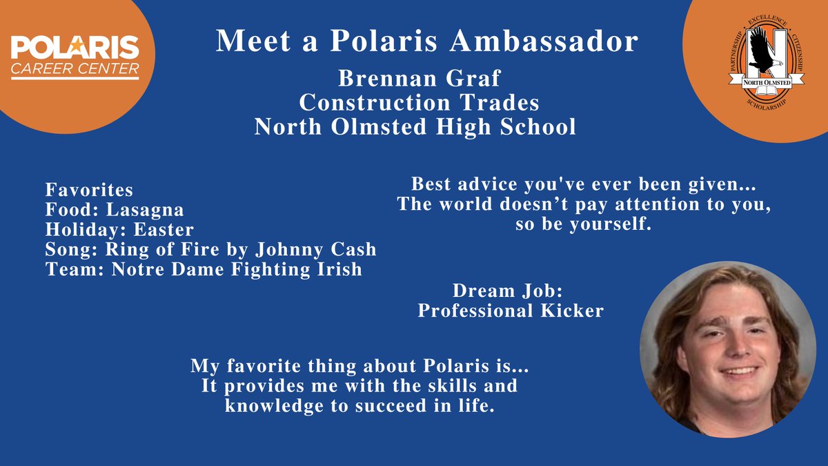 Introducing Brennan Graf from the Polaris Construction Trades 👷 program and North Olmsted High School, our next "Meet a Polaris Ambassador."