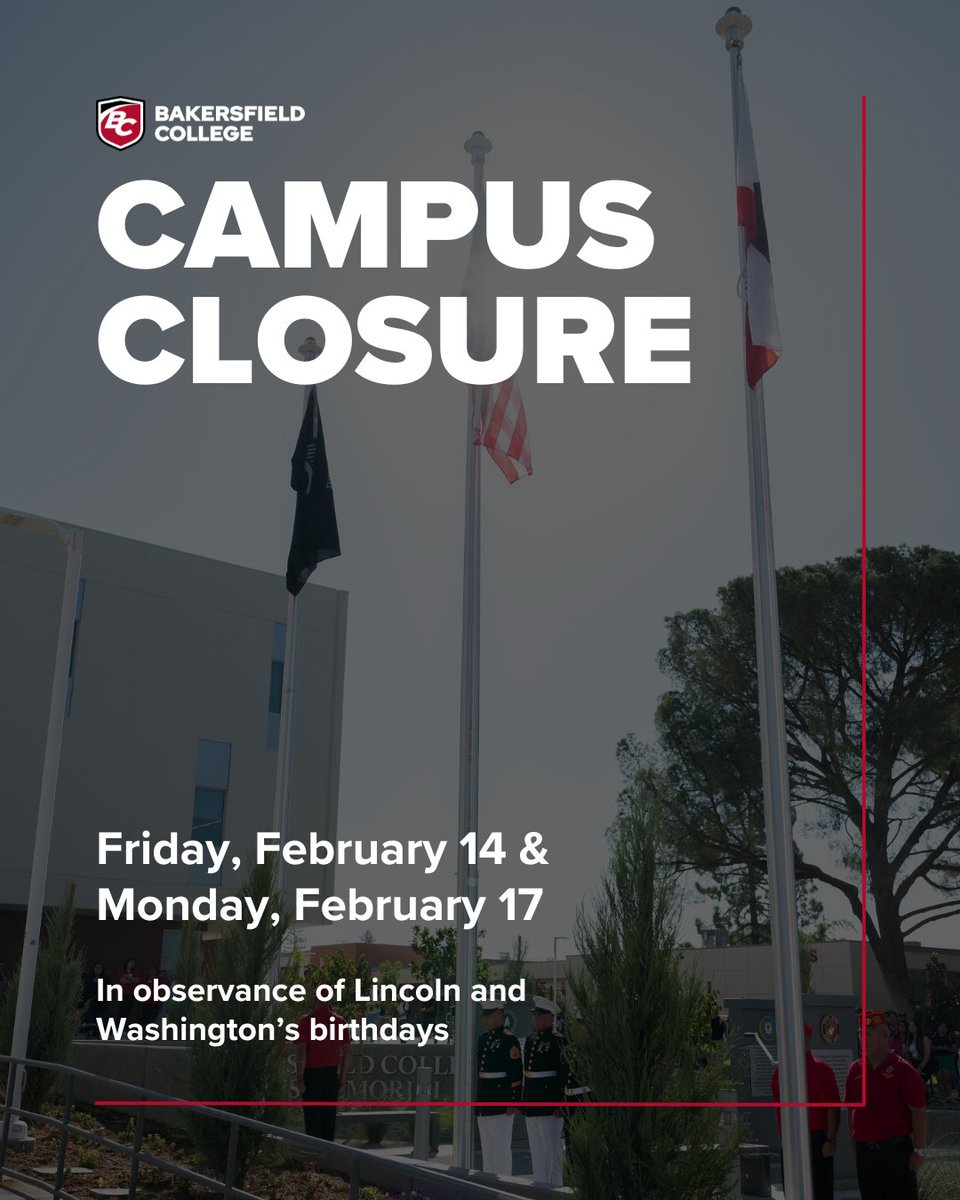 BC will be closed on Friday, February 14, in honor of Abraham Lincoln’s Birthday, and on Monday, February 17, in honor of George Washington’s Birthday. Saturday classes will meet as scheduled.

Regular office and class hours will resume on Tuesday, February 18, at 7:30 AM.