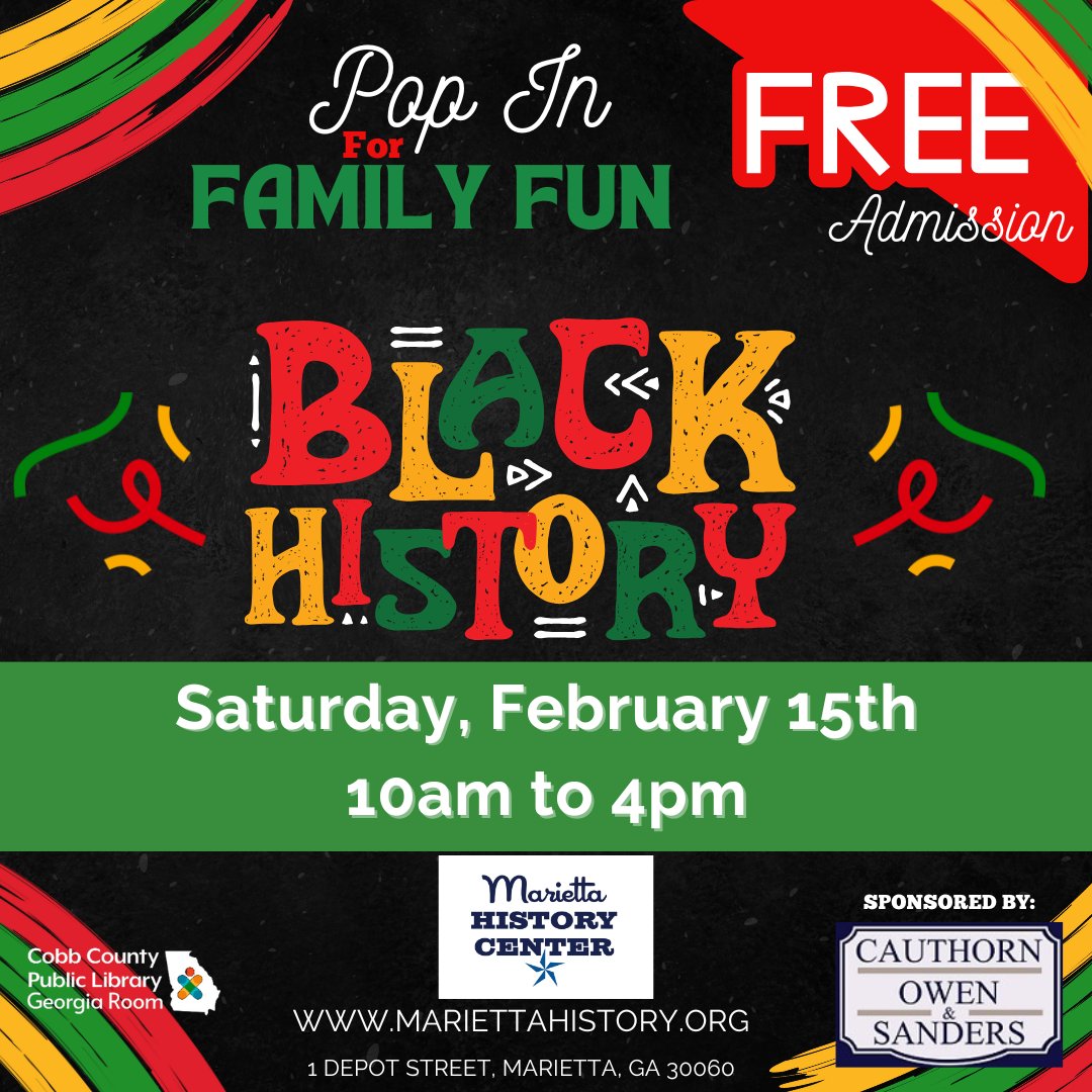 MariettaMuseum's tweet image. Join us for a fantastic day of family fun at MHC's Pop-In for Family Fun Day, thanks to our generous sponsor Cauthorn, Owen and Sanders! Enjoy FREE admission all day Sat, 2/15 10am-4pm.
Crafts &amp;amp; Activities galore await you!
#MyMariettaGa #MariettaSquare #atlantassweetspot