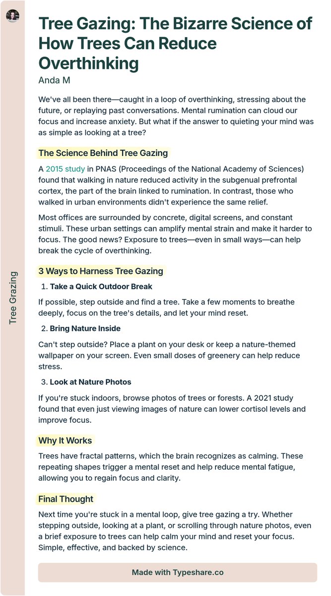 RewildYourDays's tweet photo. We've all been there—caught in a loop of overthinking and stress. But what if the answer to quieting your mind was as simple as looking at a tree? https://t.co/CIJDQtCWv8