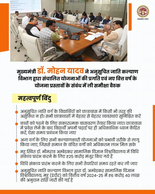 scstwelfaremp's tweet photo. मुख्यमंत्री डॉ. मोहन यादव ने आज अनुसूचित जाति कल्याण विभाग द्वारा संचालित योजनाओं की प्रगति एवं नए वित्त वर्ष के योजना प्रस्तावों के संबंध में ली समीक्षा बैठक दिए महत्वपूर्ण निर्देश ...

@PMOIndia @Drvirendrakum13
@RamdasAthawale @CMMadhyaPradesh
@DrMohanYadav51 @nagarsingh191 https://t.co/kga2FGNkX1